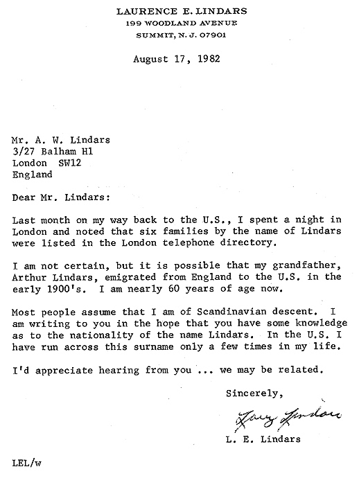 Letter from Larry Lindars